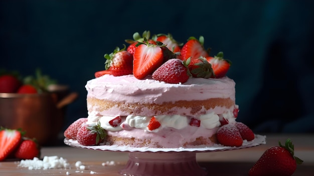 A strawberry cake with strawberries on top