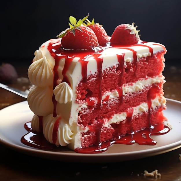 어두운 배경에 휘핑 크림과 신선한 딸기가 있는 딸기 케이크