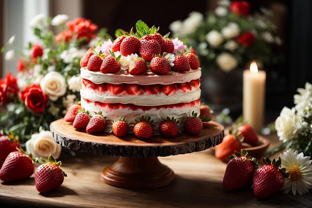 Strawberry cake on a wood