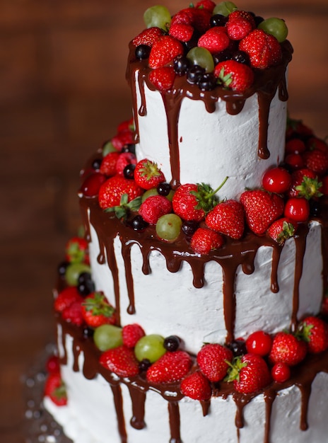 Strawberry cake on wooden