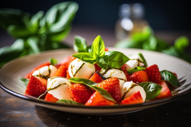 Strawberry caprese salad with mozzarella and basil