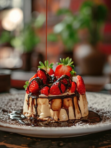 Photo strawberry cheesecake drizzled with chocolate sauce
