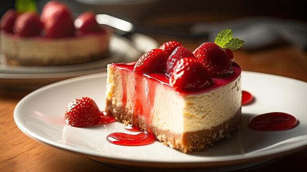 A strawberry cheesecake with a strawberry sauce