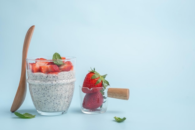 Strawberry and chia seeds pudding in a cup for breakfast