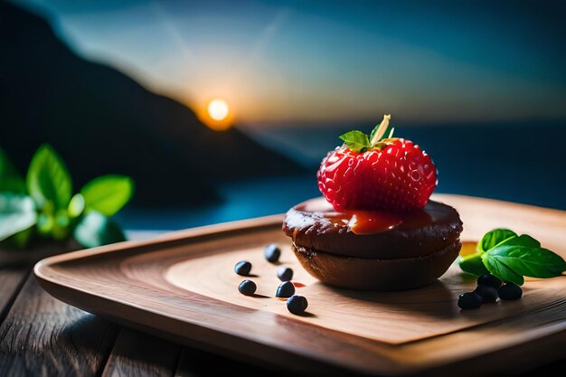 Photo a strawberry and chocolate cake on a tray