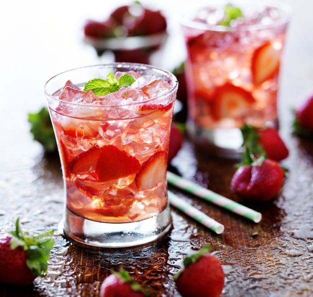 Strawberry cocktail with mint in glasses