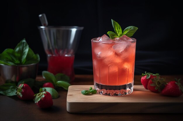 A strawberry cocktail with a strawberries and mint leaves on a wooden board.