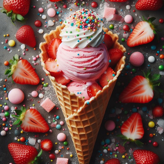 Foto gelato di coni di fragola