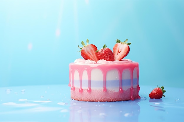 strawberry and cream cake on blue background generative ai