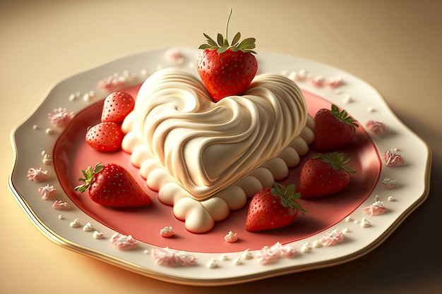 Strawberry cream hearts with vanilla cream on dish pavlov dessert