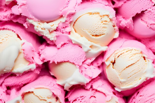 Photo strawberry and cream ice cream in balls close up background texture