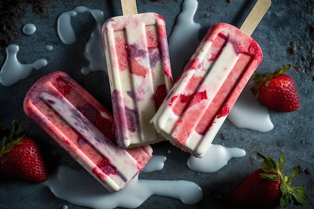 Strawberry and cream popsicles cooked at home