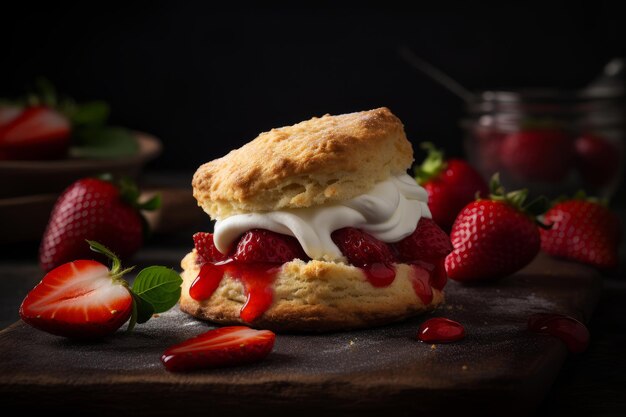 A strawberry cream sandwich with strawberries on top