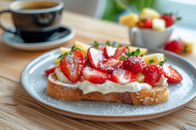 Strawberry cream toast with coffee Generative AI