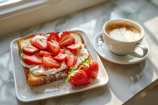 Strawberry cream toast with coffee Generative AI