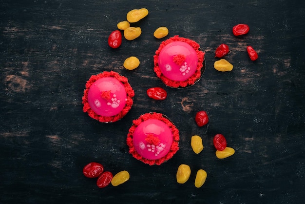 Strawberry Creamy Dessert On a wooden background Top view Copy space