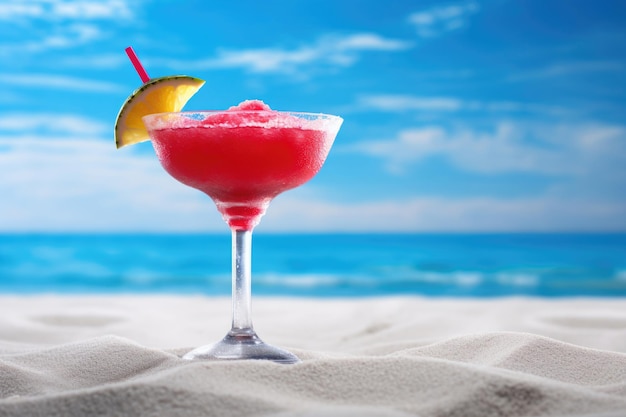 Strawberry crushed ice cocktail on sandy beach background