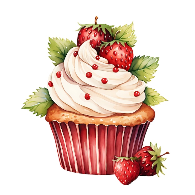 사진 딸기 컵케이크 달한 음식 디저트 카라멜 스틱 수채색 스타일