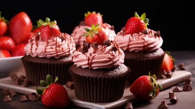 초콜릿 글래싱 과 신선 한 딸기 와 함께 딸기 컵케이크