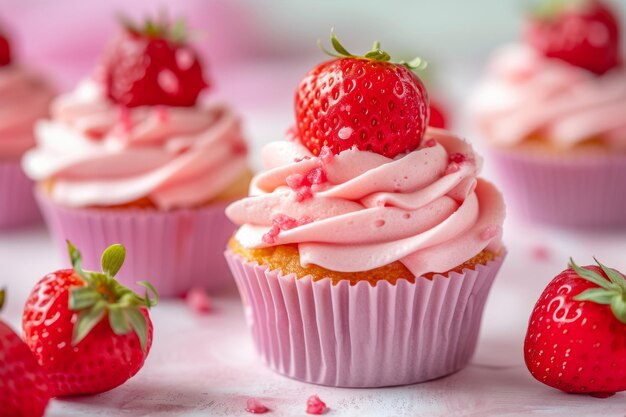 Strawberry cupcakes with cream cheese frosting Generative AI