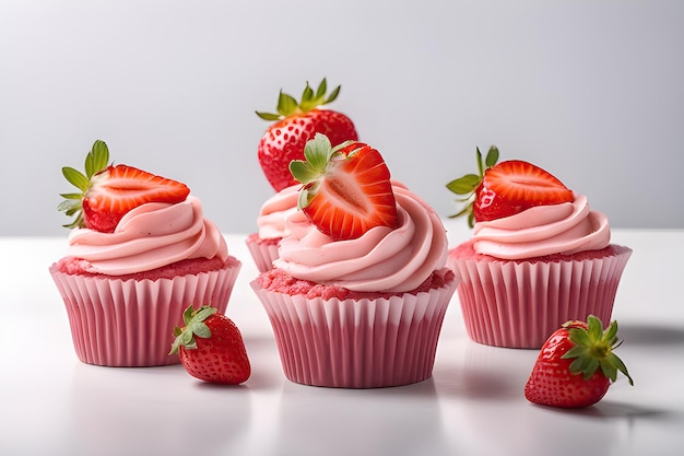사진 흰색 바탕에 설탕을 입힌 딸기 컵케이크
