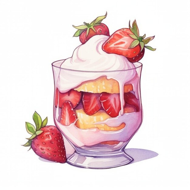 Strawberry dessert in a glass on a white background Watercolor illustration