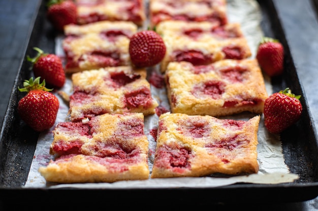 strawberry dessert sweet pie biscuit berry tart dish on the table healthy meal snack copy space