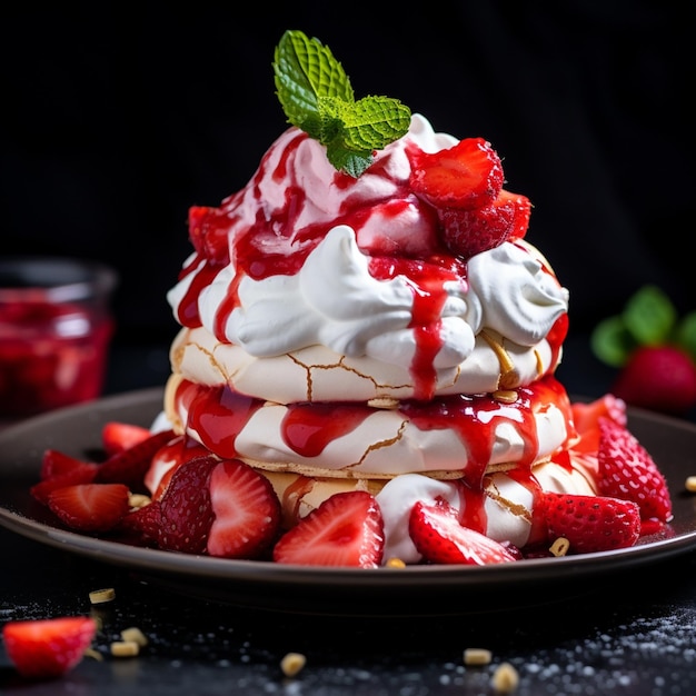 Strawberry dessert with meringues and strawberry slices