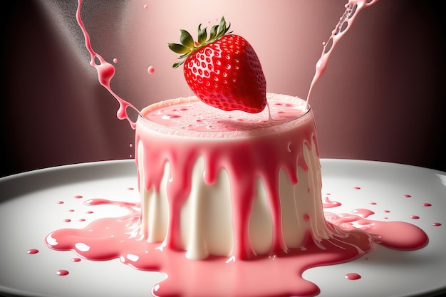 A strawberry dessert with a splash of milk on top