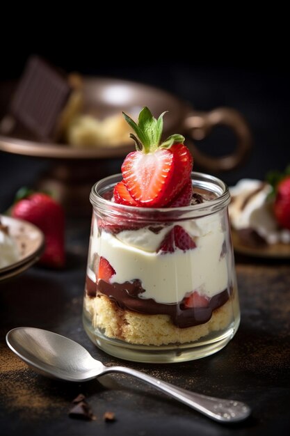 A strawberry dessert with a spoon and a spoon on it