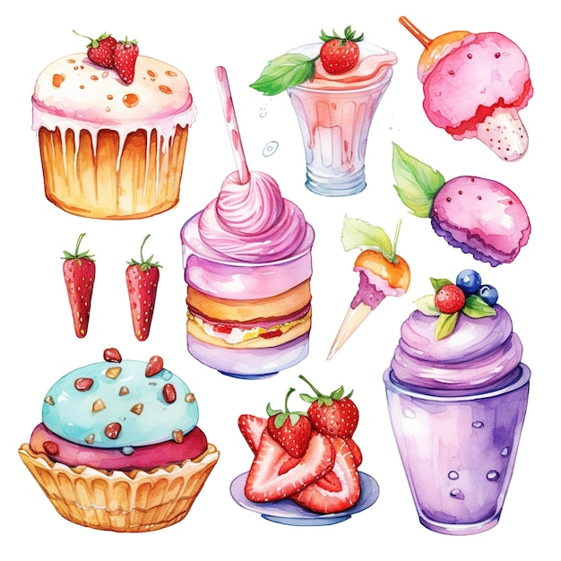 Photo strawberry desserts illustrations clip art set