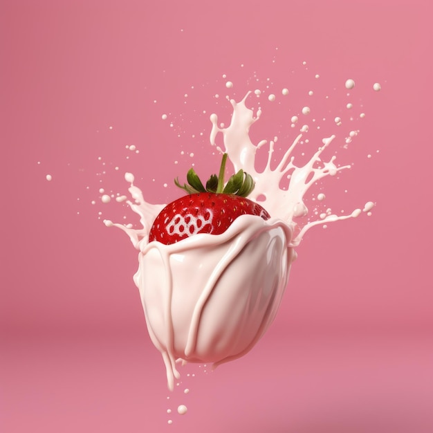 Strawberry dipped in cream with splashes and waves