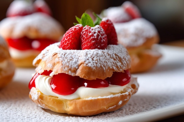 Strawberry eclairs with whipped cream and fresh berries