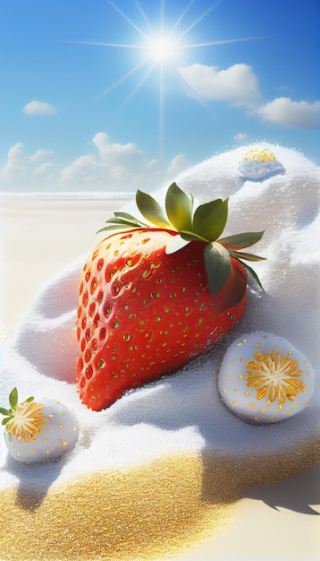 A strawberry and eggs are sitting on a beach.