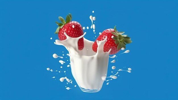 клубника падает в молоко жидкий молочный крем с клубничными фруктами на синем фоне AI Generat