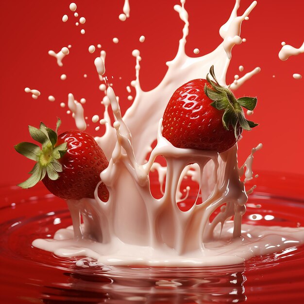 Strawberry falling into milk with red background generated by ai