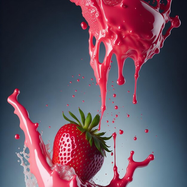 Photo strawberry falling into milk