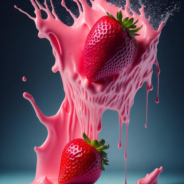 Photo strawberry falling into milk