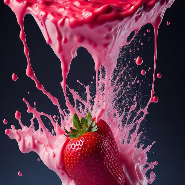 Photo strawberry falling into milk