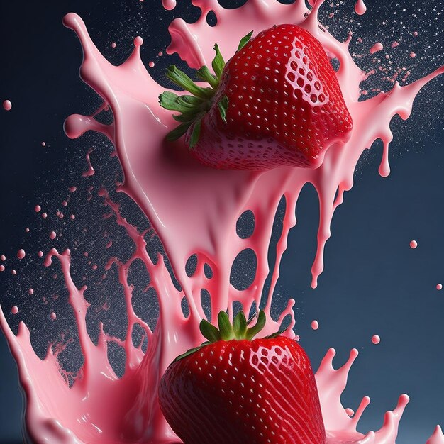 Photo strawberry falling into milk