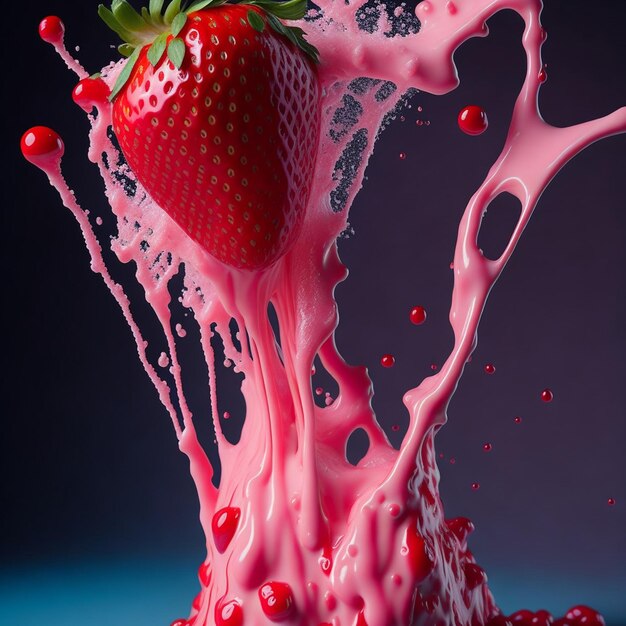 Photo strawberry falling into milk