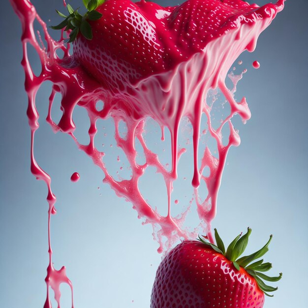 Strawberry falling into milk