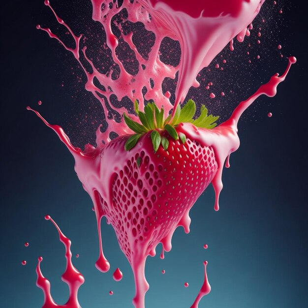 Strawberry falling into milk