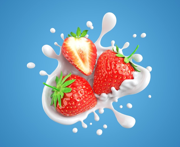 Strawberry falling into splashing milk or Yogurt Splash