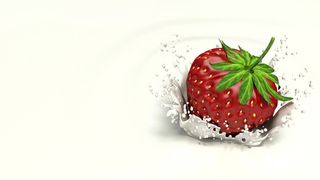 Strawberry falling into splashing milk