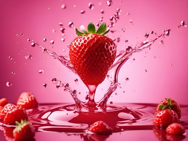 Strawberry falling into a water with a splash on a pink background