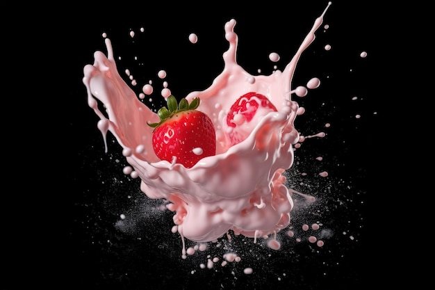 strawberry falling into white milk or yogurt splash 3d illustration