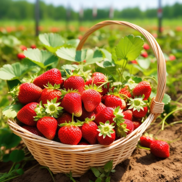 Strawberry field on fruit farm Fresh ripe strawberry in white basket Generative AI