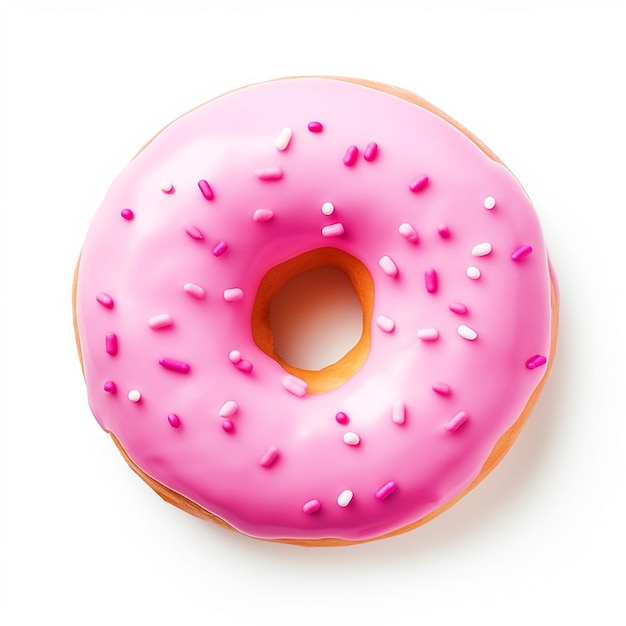 Strawberry flavor donut with sprinkles top view on isolated white background