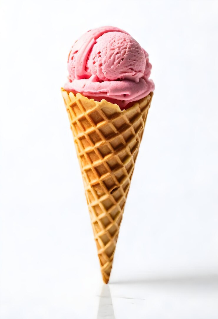 Photo strawberry flavour ice cream scoop in a waffle cone against a white background